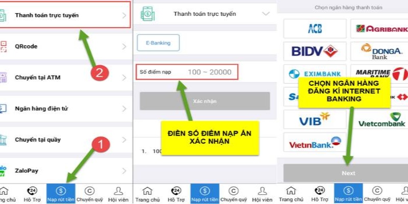 Các bước tiến hành nạp tiền thông qua ngân hàng trực tuyến E-Banking